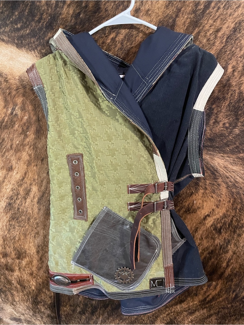 Two-Tone Green and Navy Steampunk Vest with Leather Details